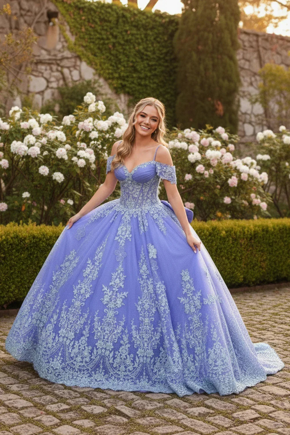 Lavender ball gown with off-the-shoulder straps and floral embroidery, worn outdoors in a garden.