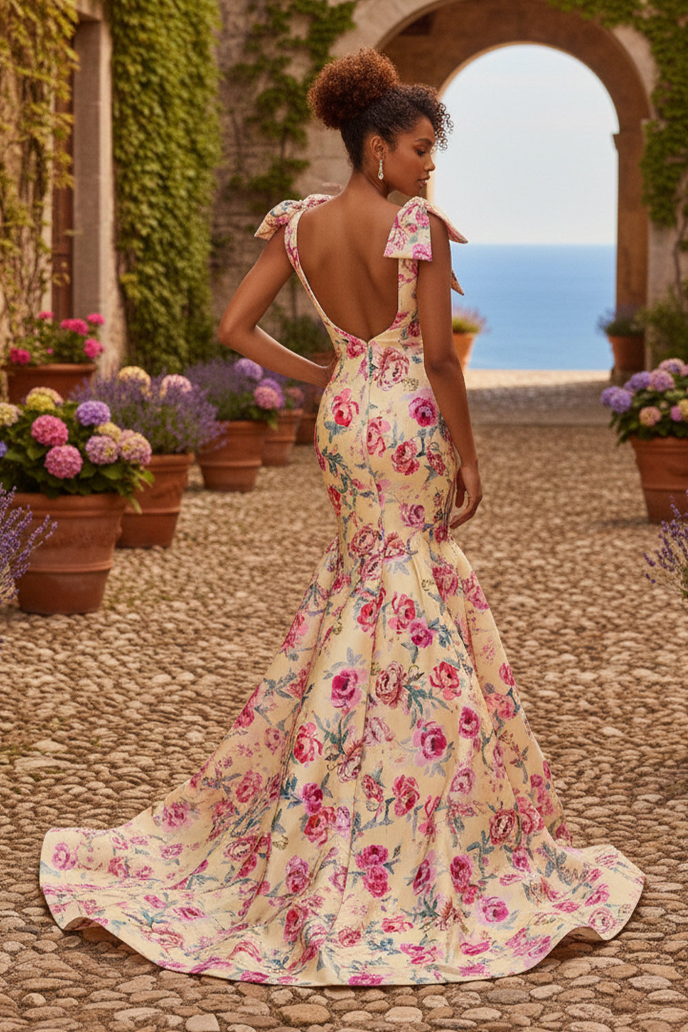 Luxury Deep V-Neck Mermaid Prom Dresses with Pink Floral Print | Sevoba