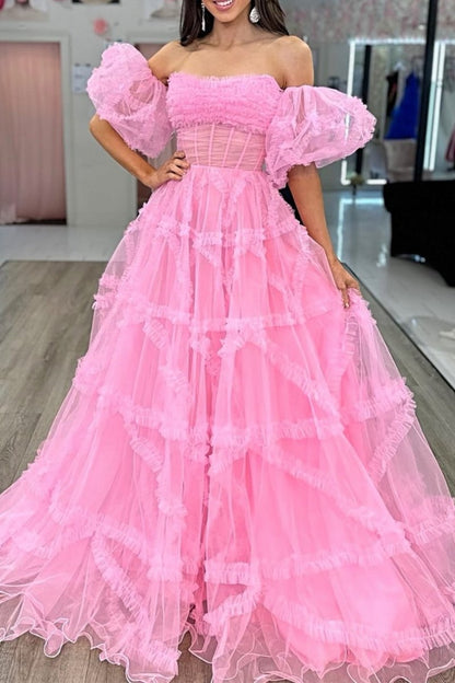 Sevoba|A-Line Strapless Ruffles Long Formal Dress with Puff Sleeves