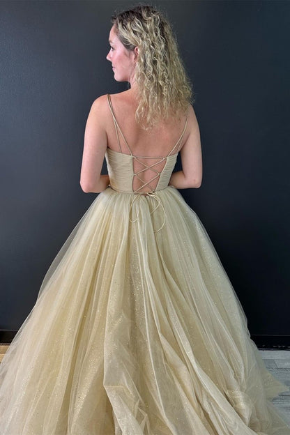 A line V Neck Glitter Tulle Prom Dress with Lace up Back