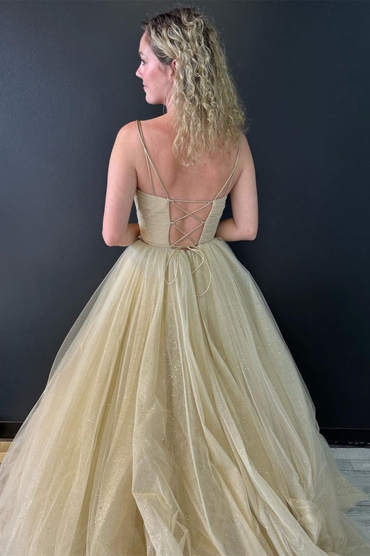 A line V Neck Glitter Tulle Prom Dress with Lace up Back