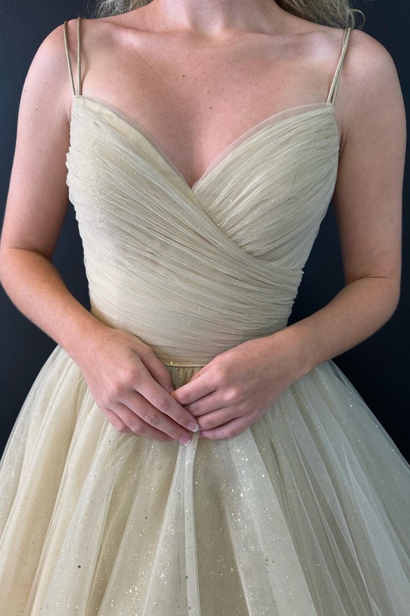 A line V Neck Glitter Tulle Prom Dress with Lace up Back