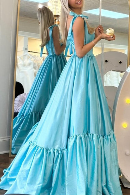 Red Sweetheart Bow Strap A-Line Long Prom Dress