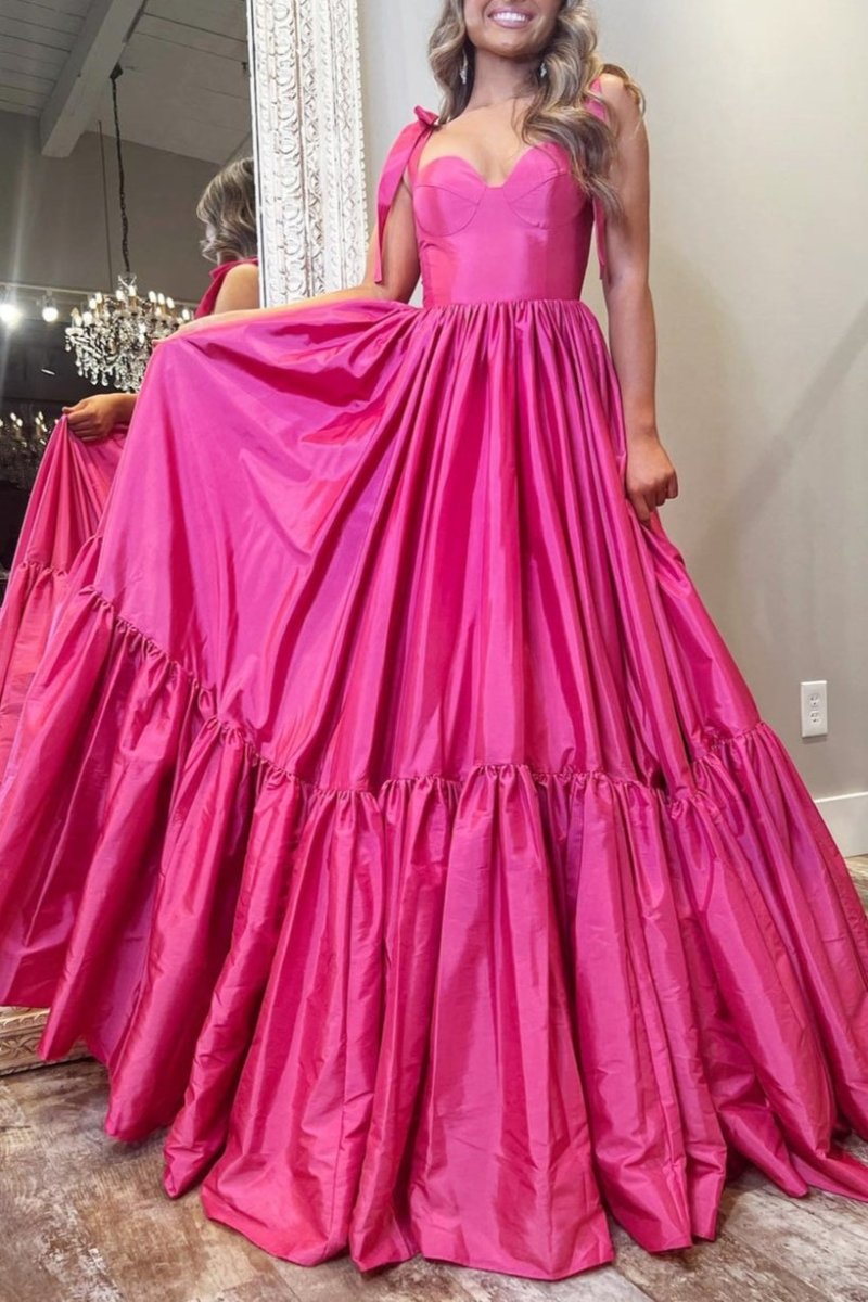 Red Sweetheart Bow Strap A-Line Long Prom Dress