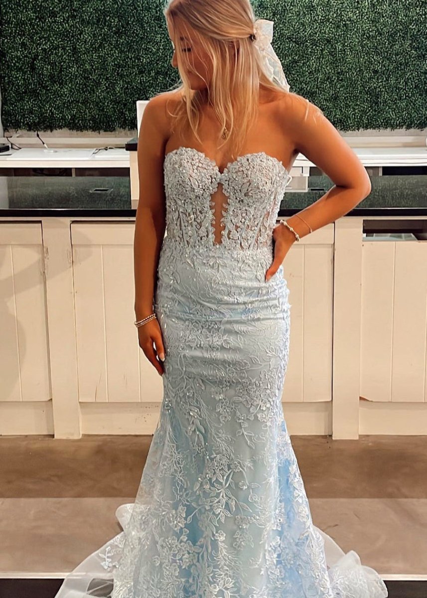 Sevoba|Black Sweetheart Lace Appliques Mermaid Long Prom Dresses