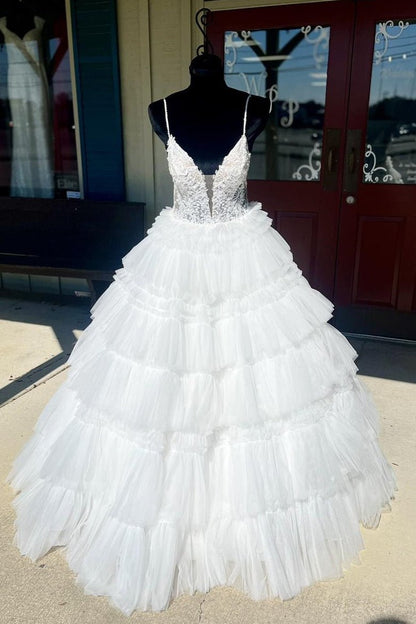 Hadlee | Black Beaded Spaghetti Strap Ruffle Tiered Ball Gown