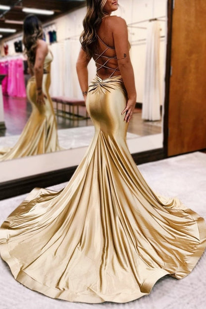 Gold V-Neck Lace-Up Trumpet Long Formal Dress
