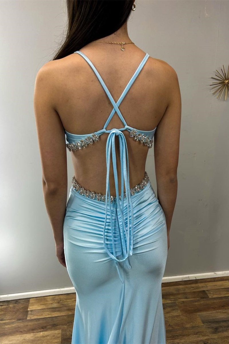 Meredith | Light Blue V-Neck Cutout Rhinestone Mermaid Long Formal Dress