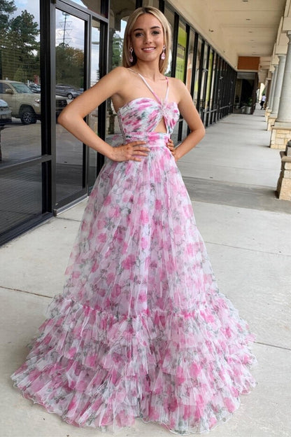 Rita | Pink Print Halter Keyhole A-Line Long Prom Dress