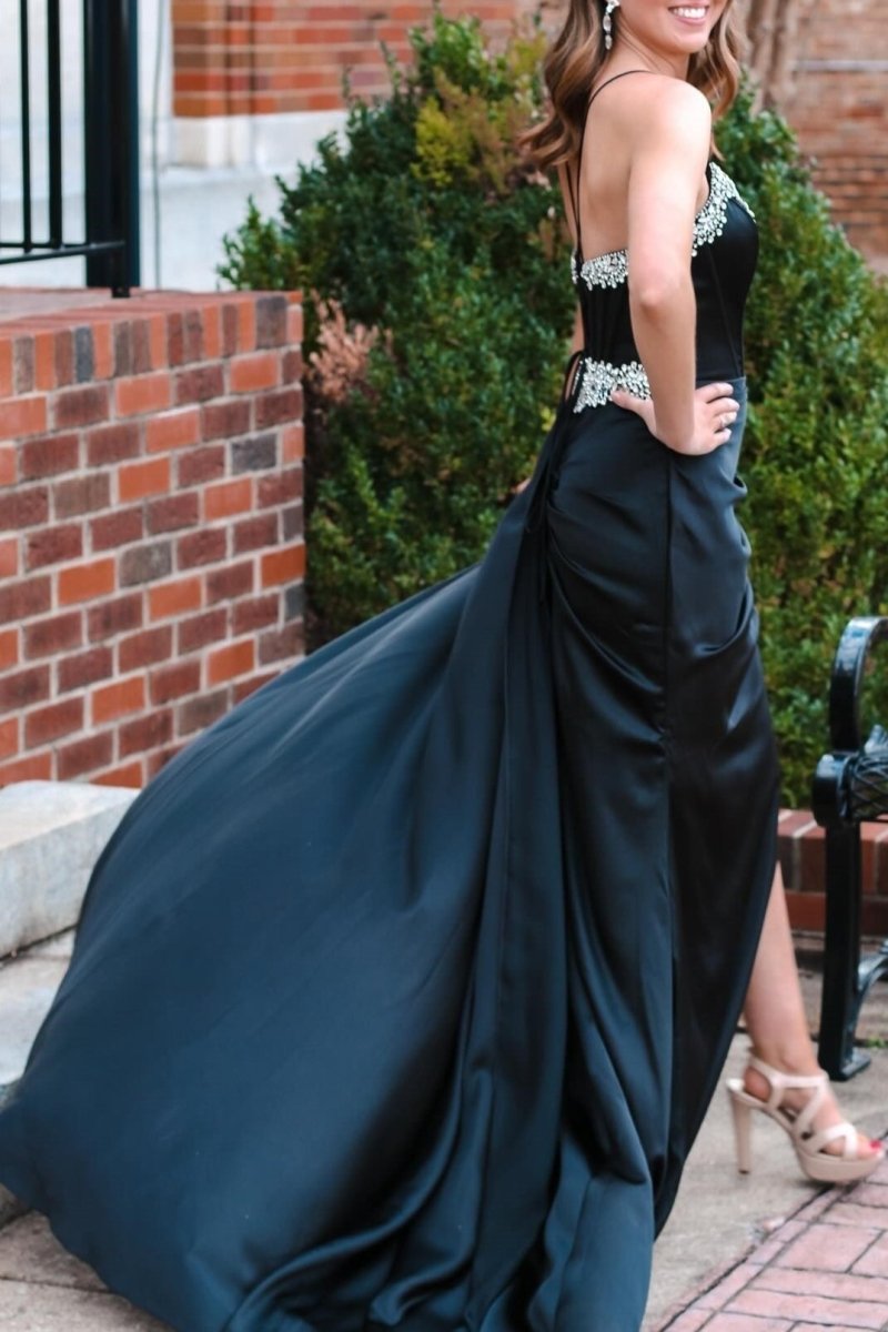 Markie | Black Rhinestone V-Neck Long Formal Dress with Attached Train