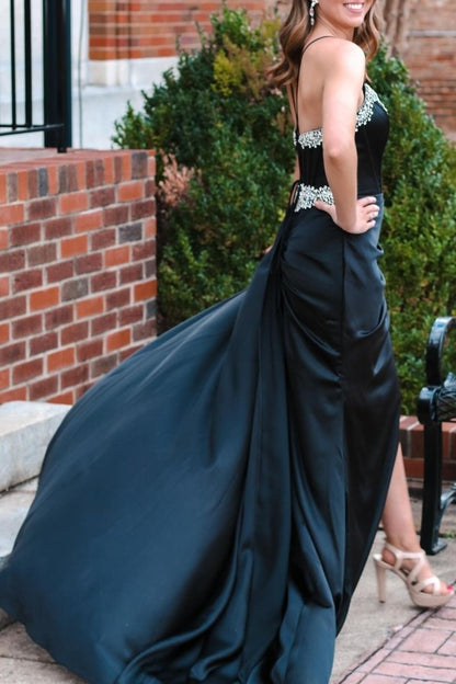 Markie | Black Rhinestone V-Neck Long Formal Dress with Attached Train