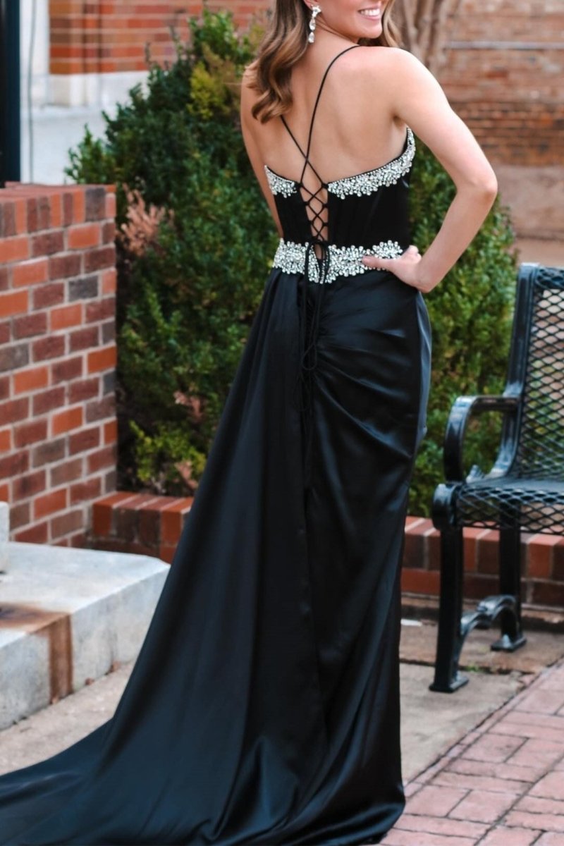 Markie | Black Rhinestone V-Neck Long Formal Dress with Attached Train