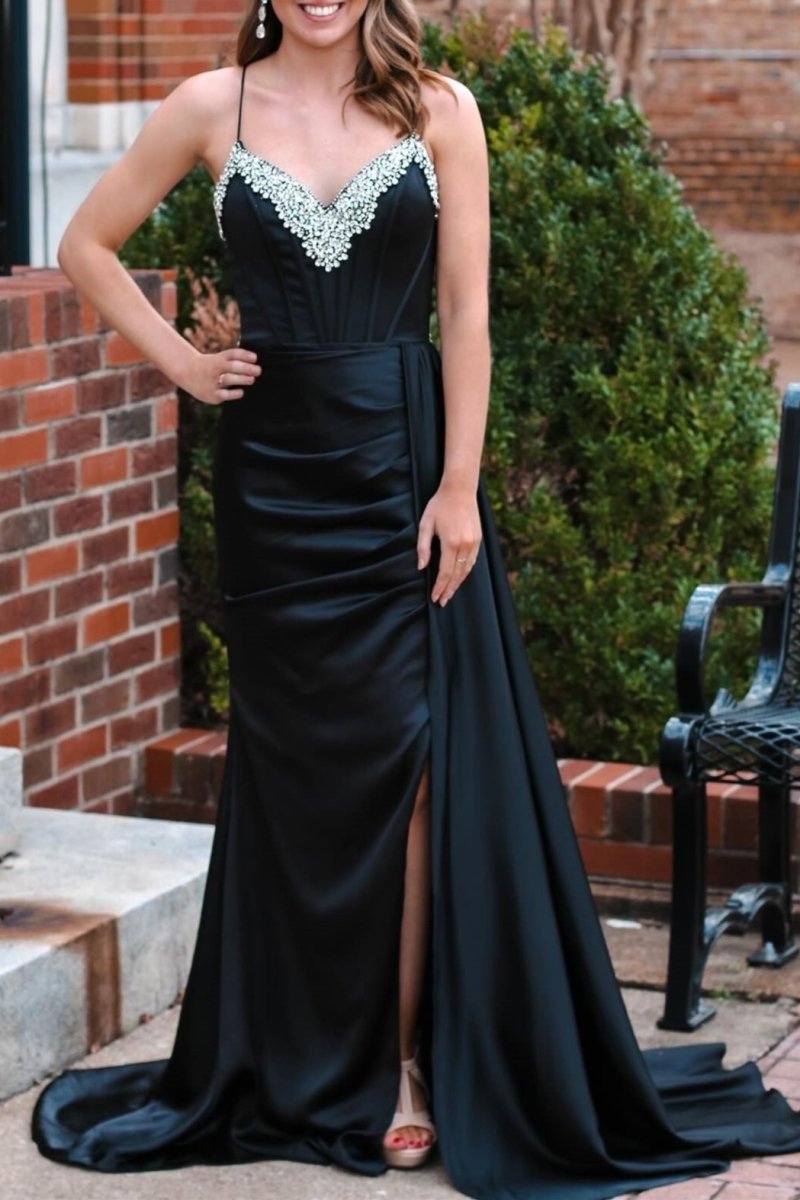 Markie | Black Rhinestone V-Neck Long Formal Dress with Attached Train