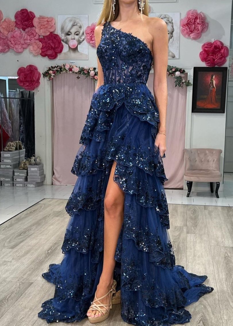 Sevoba|A Line One Shoulder Tiered Lace Long Prom Dress