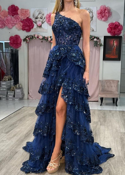 Sevoba|A Line One Shoulder Tiered Lace Long Prom Dress