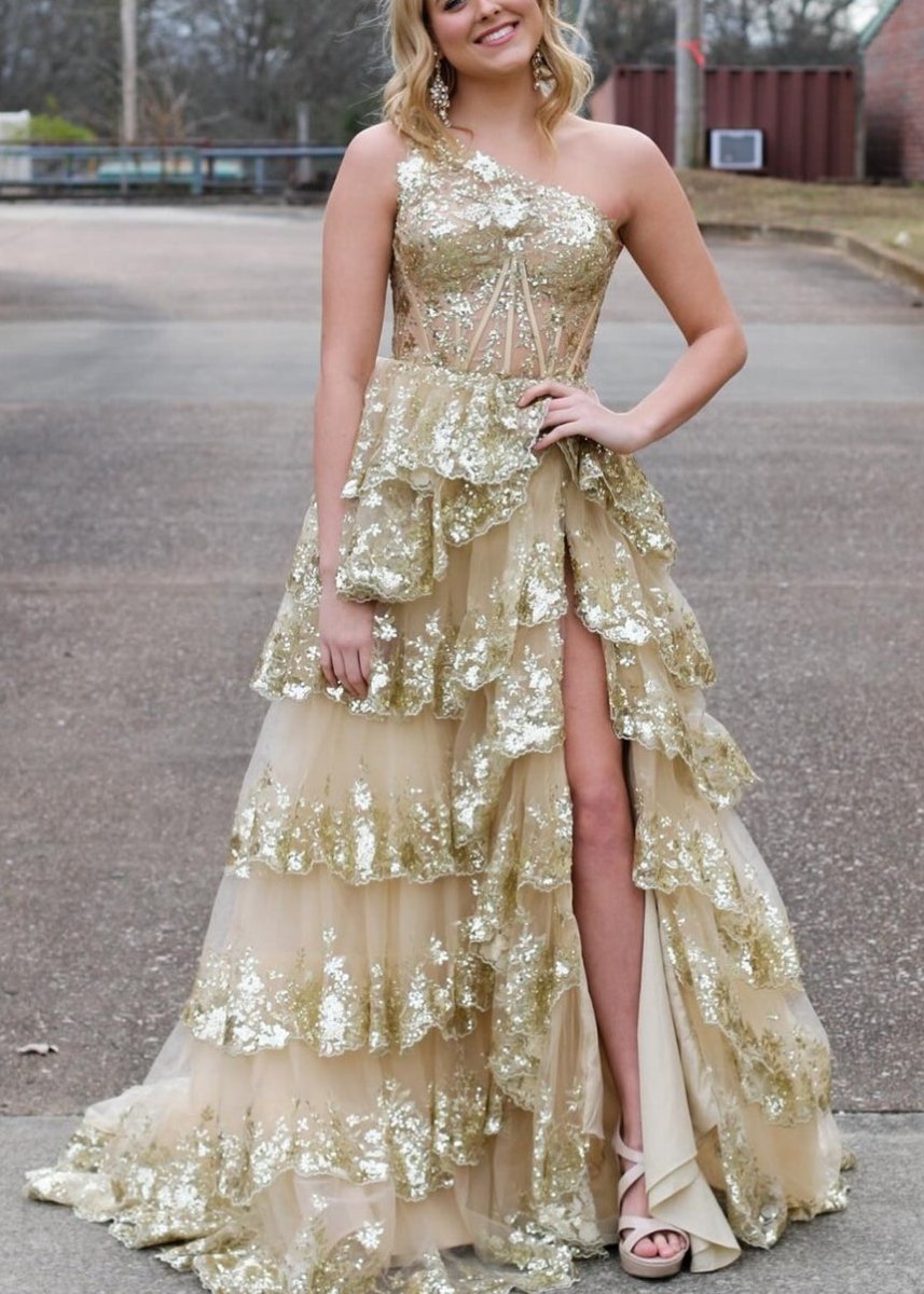 Sevoba|A Line One Shoulder Tiered Lace Long Prom Dress
