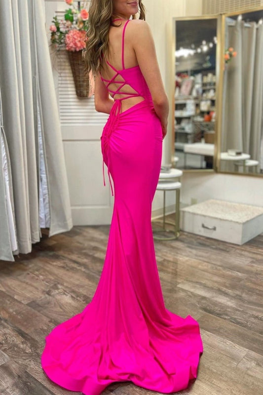 Hot Pink Scoop Neck Lace-Up Trumpet Long Formal Dress
