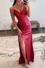 Red Sequin Plunge V Backless Mermaid Maxi Dress with Slit