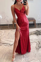 Red Sequin Plunge V Backless Mermaid Maxi Dress with Slit