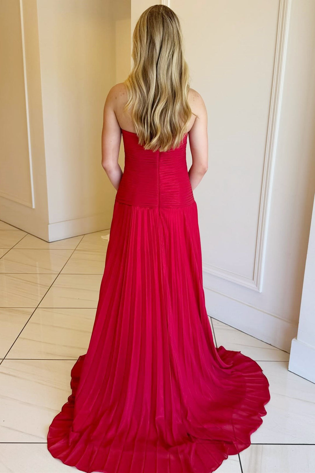 Sevoba|Hot Pink Strapless Keyhole Pleated A-Line Prom Dress