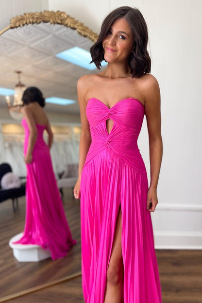 Sevoba|Hot Pink Strapless Keyhole Pleated A-Line Prom Dress