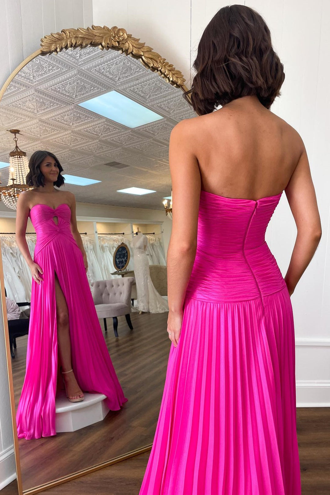 Sevoba|Hot Pink Strapless Keyhole Pleated A-Line Prom Dress