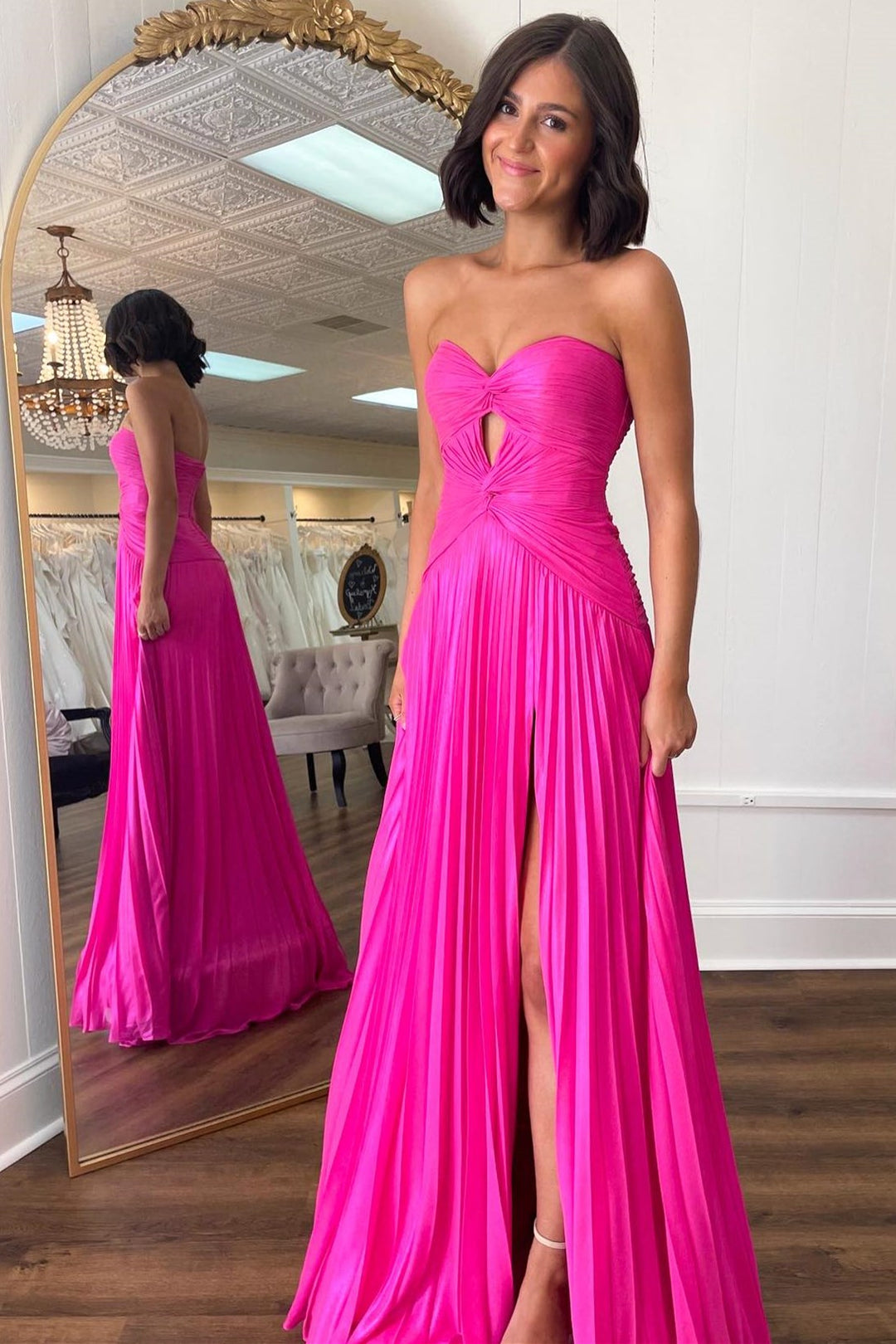 Sevoba|Hot Pink Strapless Keyhole Pleated A-Line Prom Dress