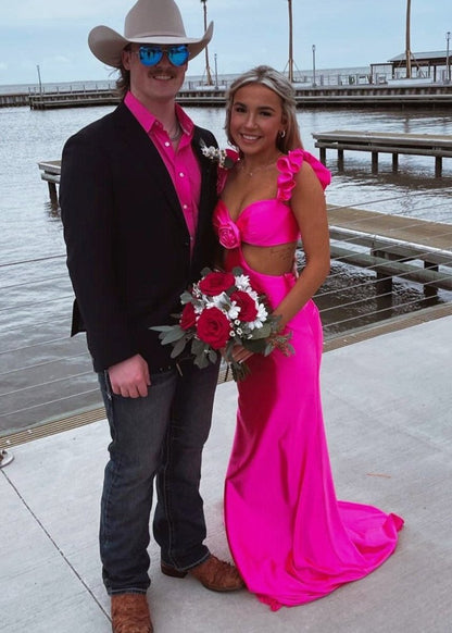 Violet Flutter Sleeve Cutout Mermaid Fitted Gown