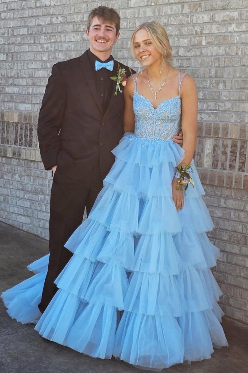 Tiered Ruffle Appliques Corset Long Prom Dress with Spaghetti Straps