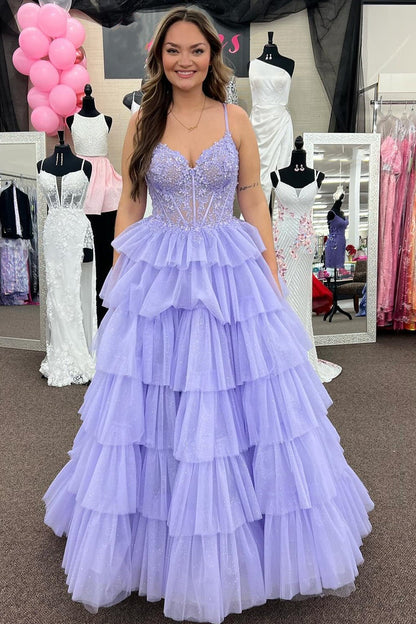 Sevoba|Tiered Ruffle Appliques Corset Long Prom Dress with Spaghetti Straps
