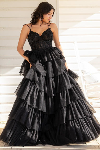 Sevoba|Tiered Ruffle Appliques Corset Long Prom Dress with Spaghetti Straps