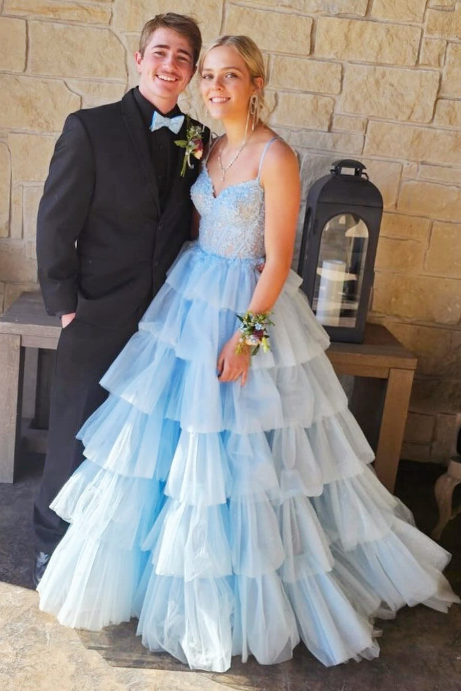 Sevoba|Tiered Ruffle Appliques Corset Long Prom Dress with Spaghetti Straps