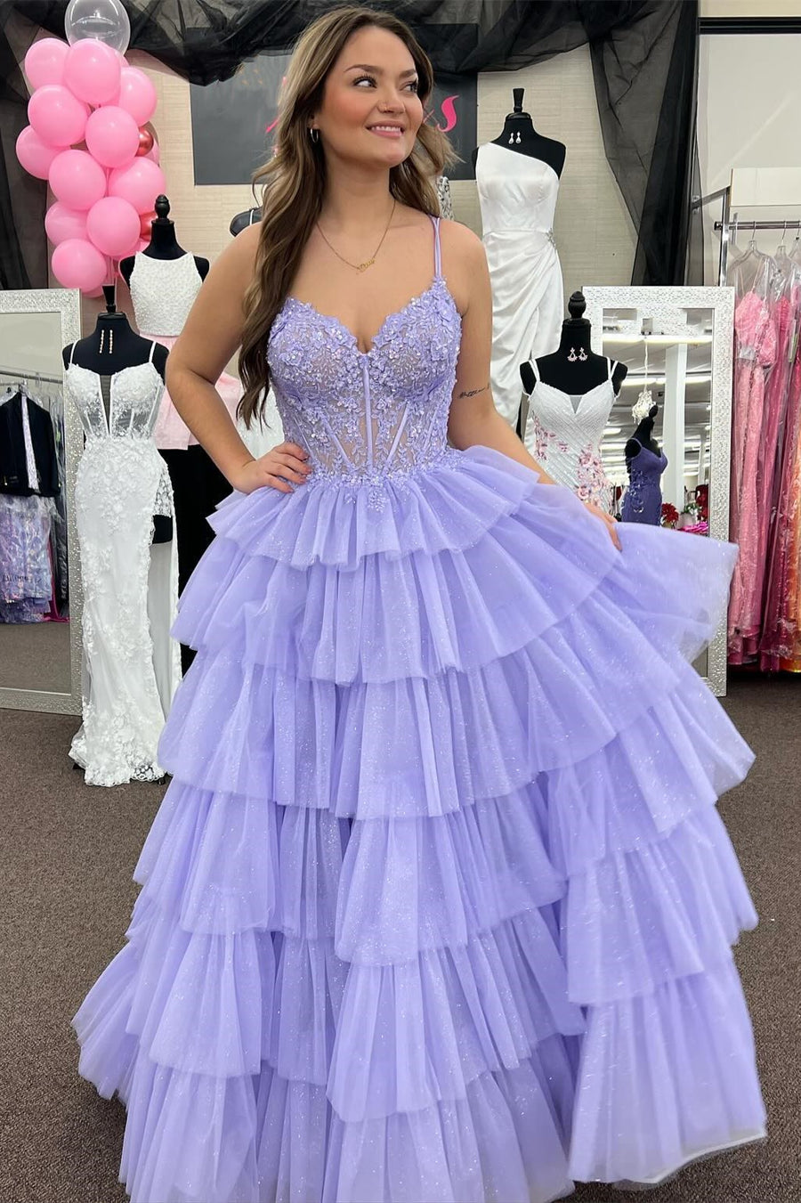 Sevoba|Tiered Ruffle Appliques Corset Long Prom Dress with Spaghetti Straps