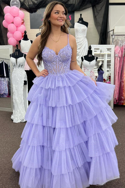 Sevoba|Tiered Ruffle Appliques Corset Long Prom Dress with Spaghetti Straps