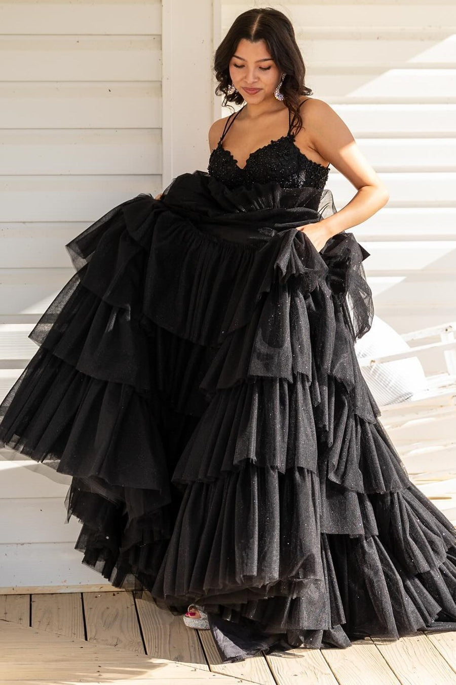 Sevoba|Tiered Ruffle Appliques Corset Long Prom Dress with Spaghetti Straps