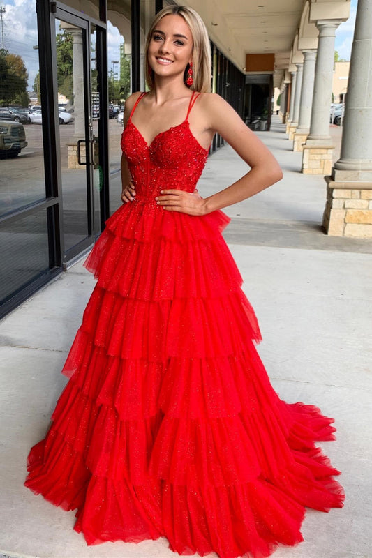 Sevoba|Tiered Ruffle Appliques Corset Long Prom Dress with Spaghetti Straps