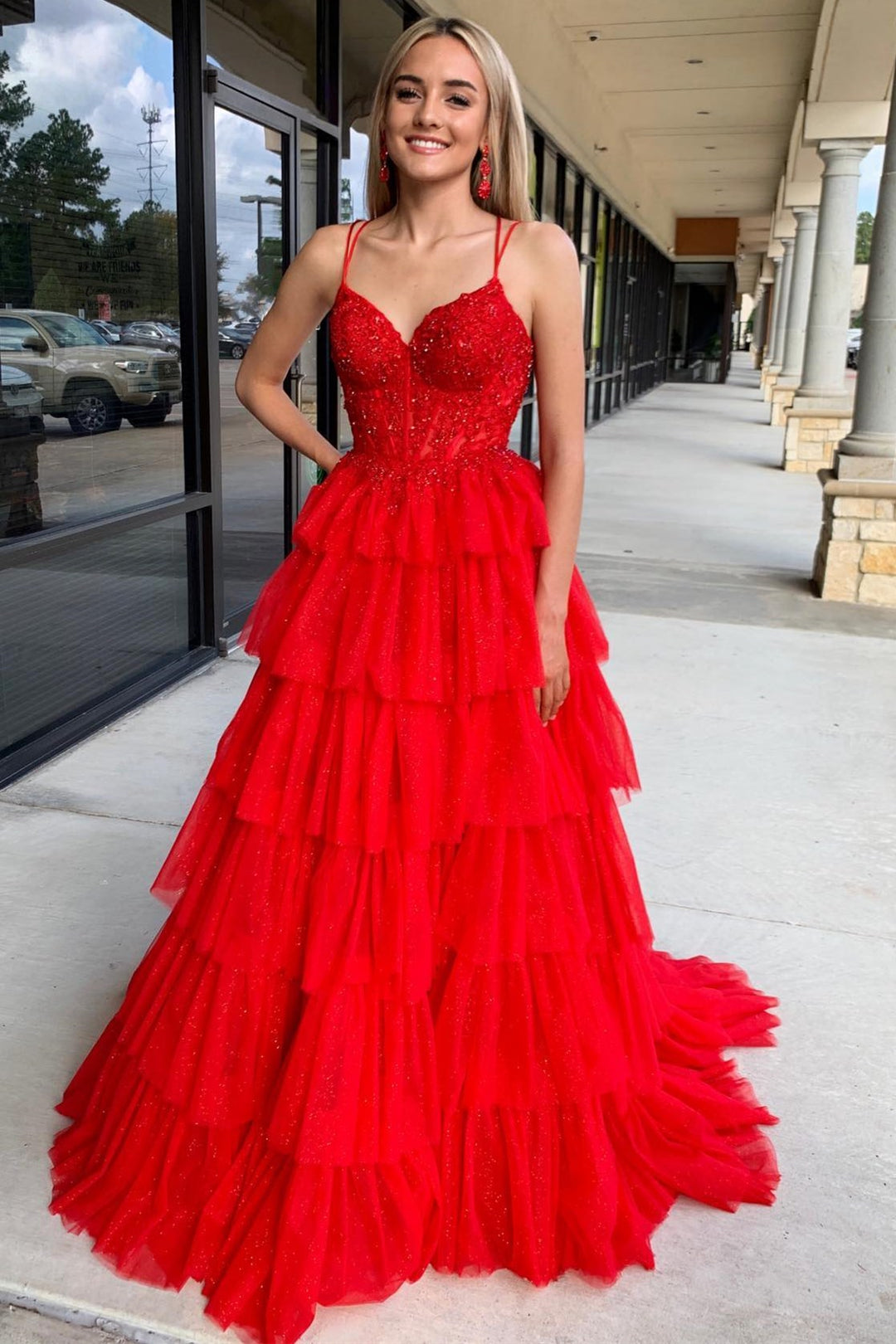 Sevoba|Tiered Ruffle Appliques Corset Long Prom Dress with Spaghetti Straps