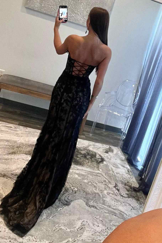 Sevoba|Black Strapless V-Neck Lace Appliques Side Slit Long Prom Dress