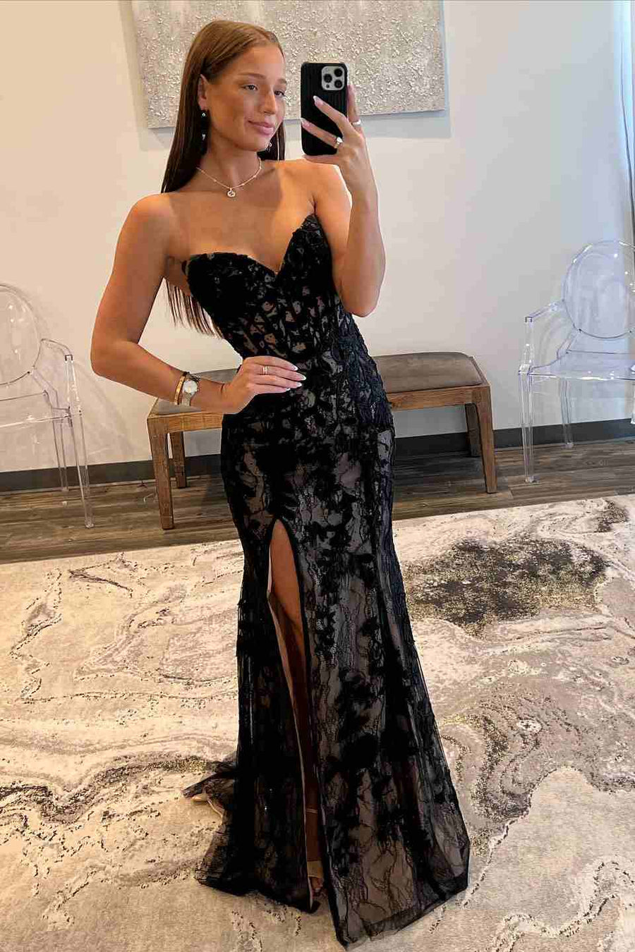 Sevoba|Black Strapless V-Neck Lace Appliques Side Slit Long Prom Dress