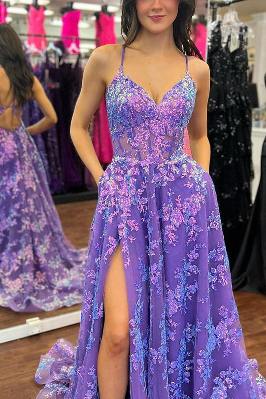 Sevoba|Spaghetti Straps V-Neck Lace Appliques Empire-Waist Prom Dress with Slit