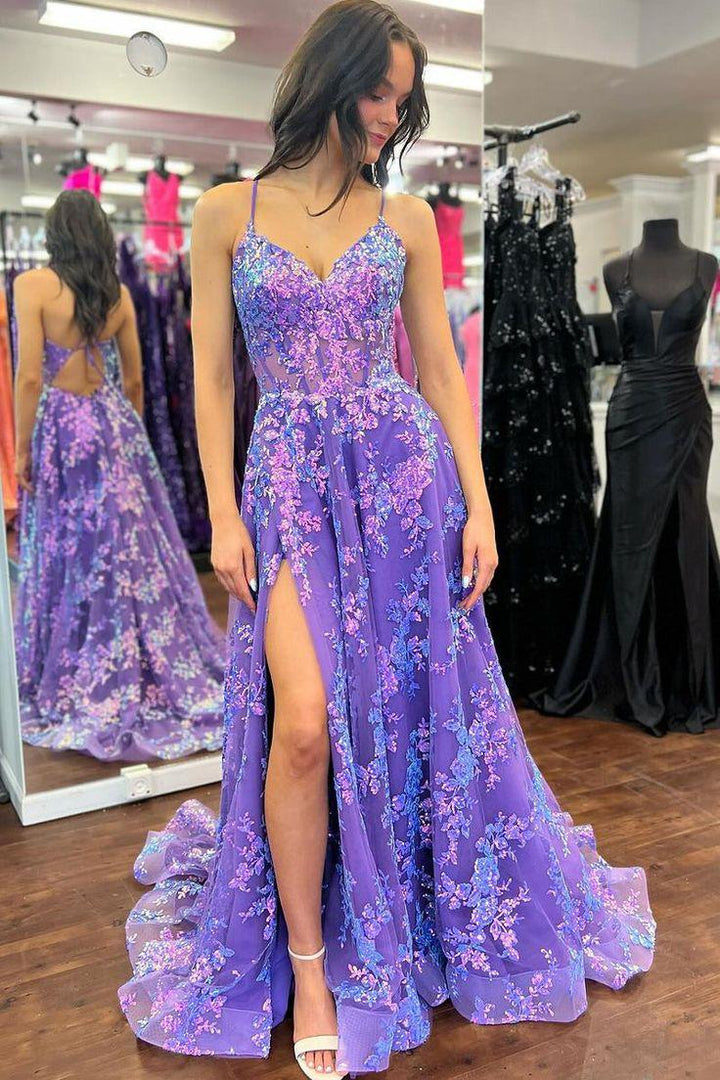 Sevoba|Spaghetti Straps V-Neck Lace Appliques Empire-Waist Prom Dress with Slit