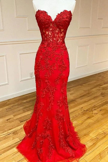 Sevoba|Red Strapless Lace Appliques Sweetheart Mermaid Prom Dress