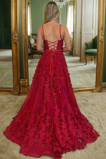 Sevoba|Burgundy A-Line Empire-Waist Appliques Beads Prom Dress with Slit