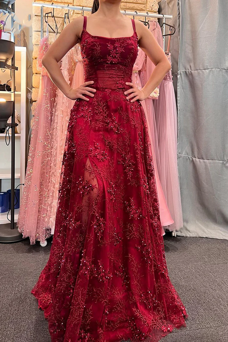 Sevoba|Burgundy A-Line Empire-Waist Appliques Beads Prom Dress with Slit