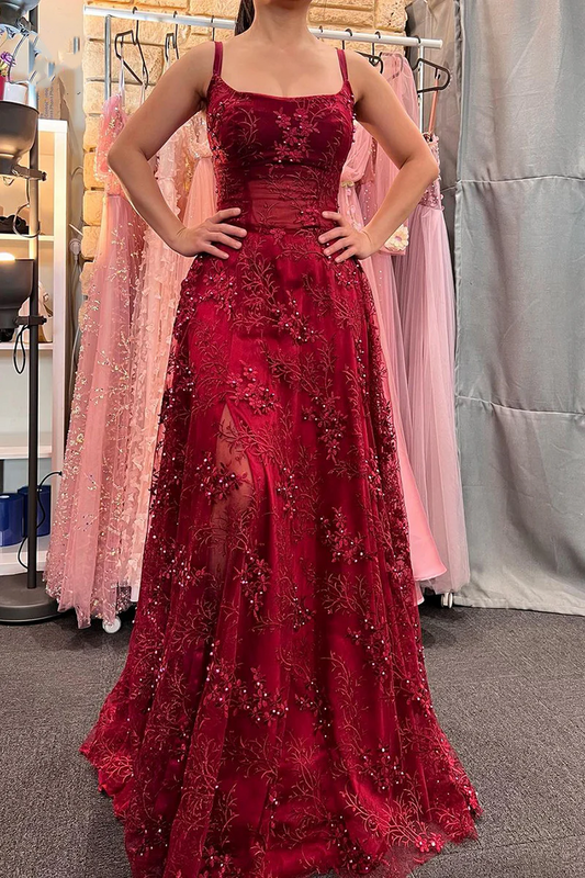 Sevoba|Burgundy A-Line Empire-Waist Appliques Beads Prom Dress with Slit