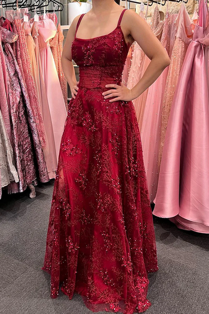 Sevoba|Burgundy A-Line Empire-Waist Appliques Beads Prom Dress with Slit