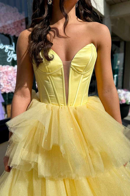 Strapless A-Line Empire-Waist V-Neck Tiered Tulle Sleeveless Prom Dress