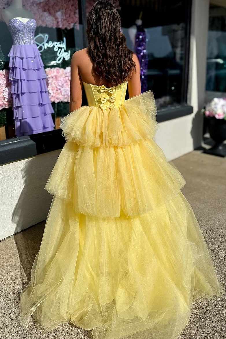 Strapless A-Line Empire-Waist V-Neck Tiered Tulle Sleeveless Prom Dress