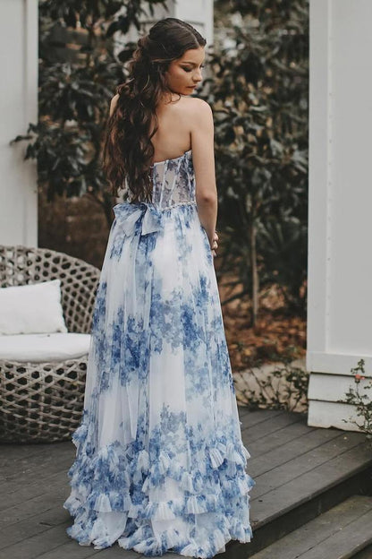 Elegant Halter A-Line Print V-Neck Pearls Prom Dress with Slit