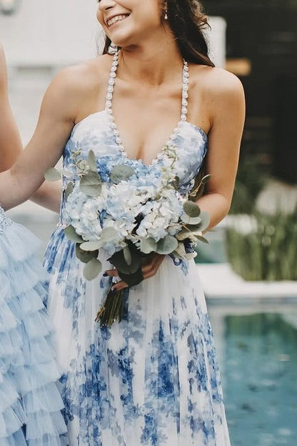 Elegant Halter A-Line Print V-Neck Pearls Prom Dress with Slit